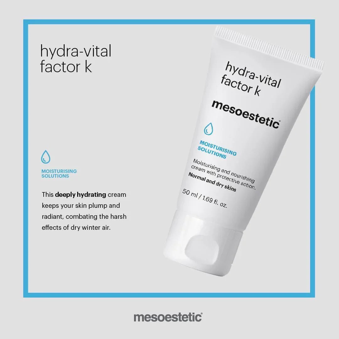 Eine Tube der mesoestetic hydra-vital factor k Creme ist ausgestellt. Sie wird als intensiv feuchtigkeitsspendende Creme für normale und trockene Haut bezeichnet und soll die Haut prall und strahlend halten.