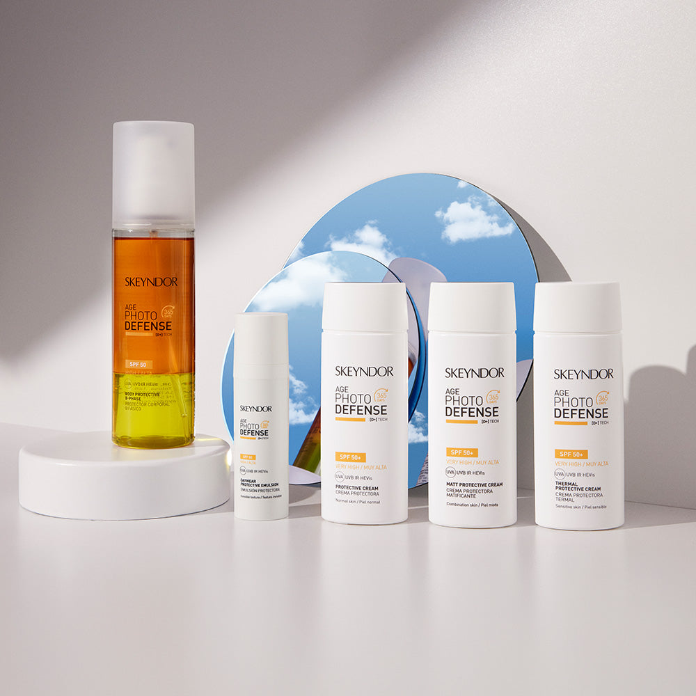 Fünf Skeyndor Age Photo Defense Hautpflegeprodukte sind auf einer weißen Fläche mit kreisförmigen Spiegeln ausgestellt, die den blauen Himmel und die Wolken im Hintergrund reflektieren.