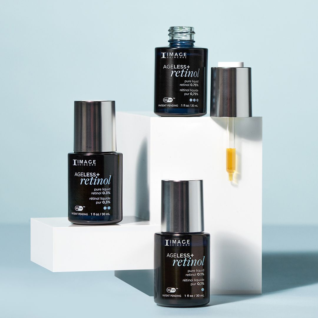 Drei schwarze Flaschen des Serums IMAGE Skincare Ageless+ Retinol stehen auf weißen, geometrischen Blöcken, eine Flasche ist geöffnet, daneben befindet sich ein Tropfer mit gelbem Serum, alles vor einem hellblauen Hintergrund.
