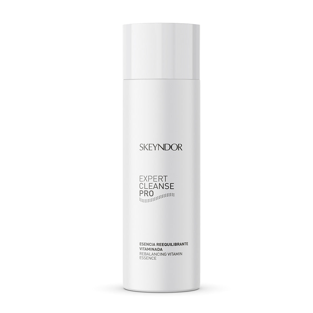 Ein schlichter weißer Flakon von Skeyndor EXPERT CLEANSER PRO REBALANCING VITAMIN ESSENCE mit schwarzem Text und einem minimalistischen zylindrischen Design.