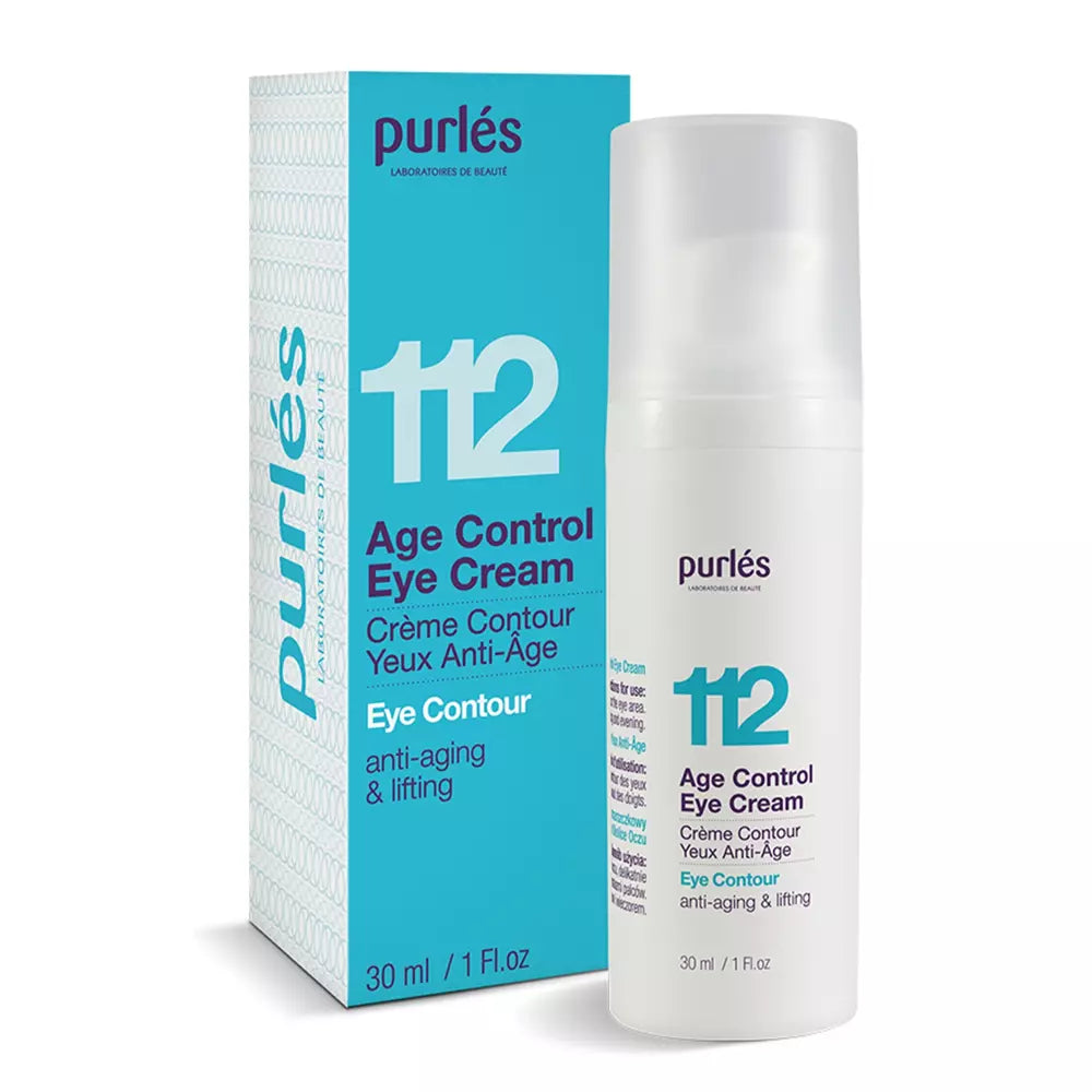 Eine 30-ml-Flasche und eine Schachtel der Purlés Eye Contour 112 Age Control Eye Cream, ein Anti-Aging- und Lifting-Produkt von Purlés, mit weißer und blauer Verpackung mit englischem und französischem Text.