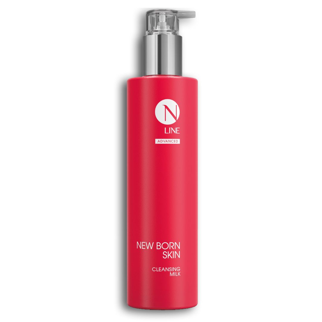 Eine hohe, zylindrische, rote Flasche mit einem Pumpspender mit der Aufschrift NEAUVIA NLINE New Born Skin auf der Vorderseite.