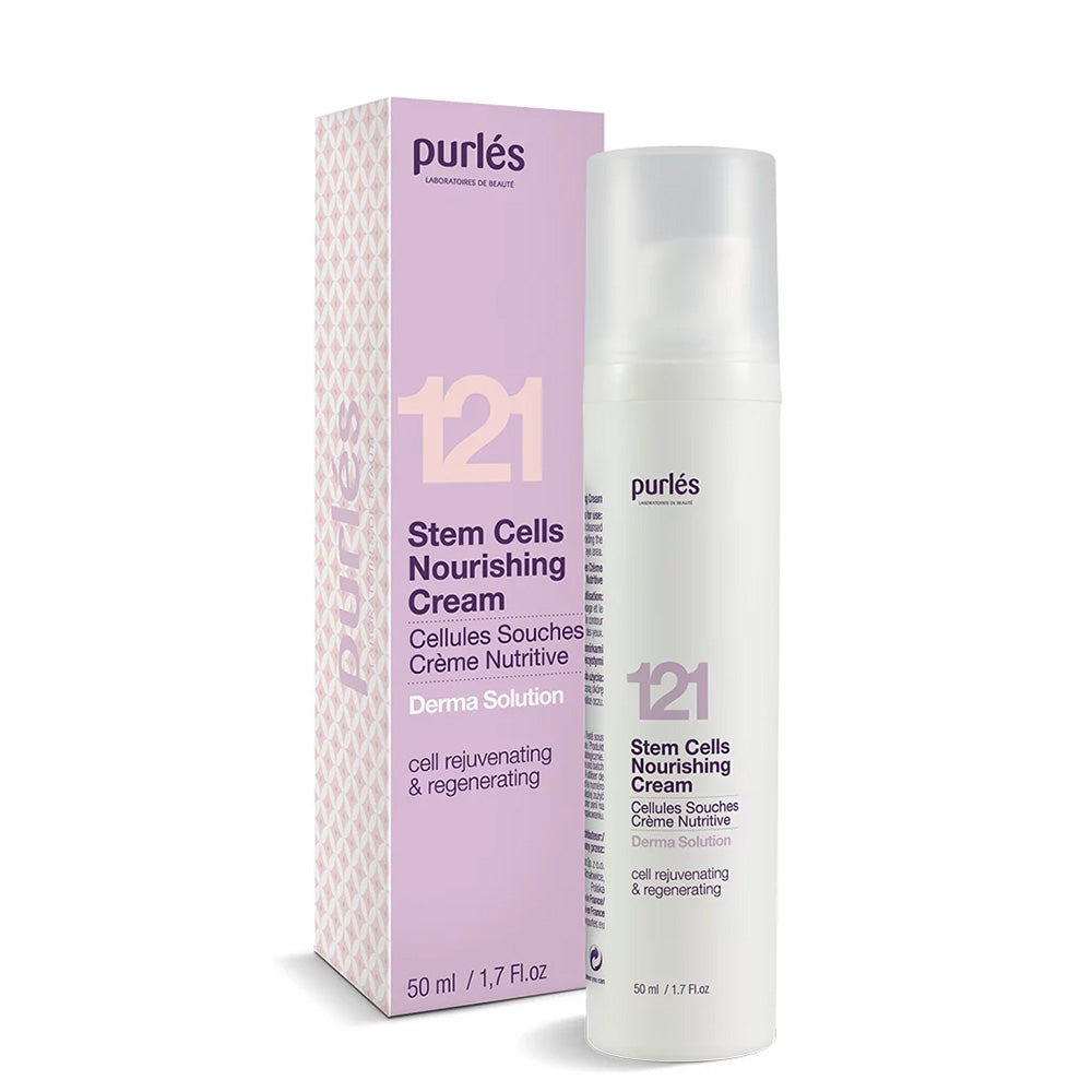 Eine 50 ml Flasche und Schachtel Purlés Derma Solutions 121 StemCell Nourishing Cream von Purlés, eine zellverjüngende und regenerierende Creme in rosa und weißer Verpackung.
