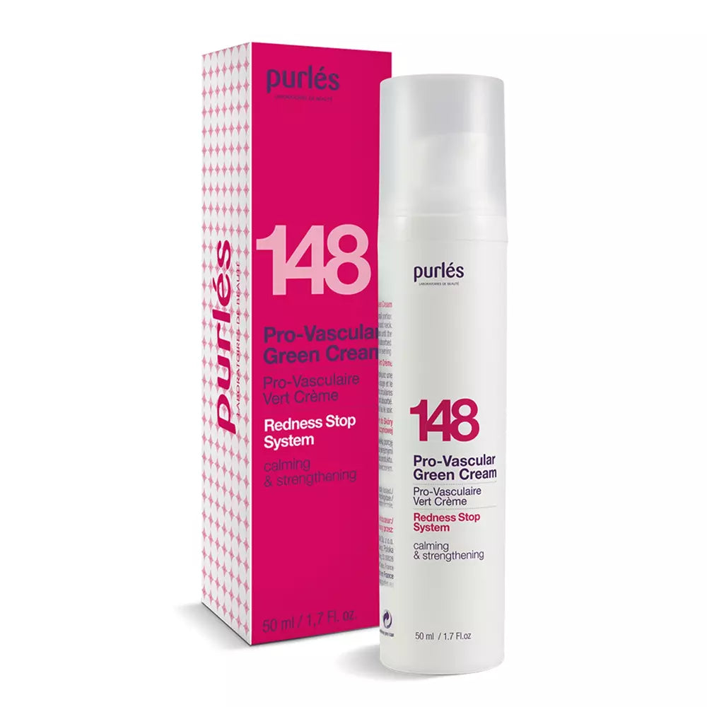 Eine 50-ml-Flasche und eine Schachtel Purlés Redness Stop System 148 Pro-Vascular Green Cream zur Beruhigung und Stärkung der Gefäße, in rosa und weißer Verpackung.