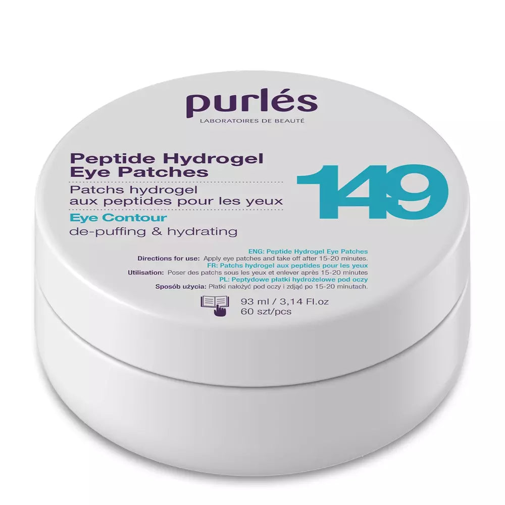 Der weiße Behälter mit der Aufschrift Purlés Eye Contour 149 Peptide Hydrogel Eye Patches enthält 60 Pflaster mit englischem und französischem Text. Es fördert die Pflege der Augenkontur und hilft dabei, Schwellungen zu beseitigen und die Augenpartie mit Feuchtigkeit zu versorgen.