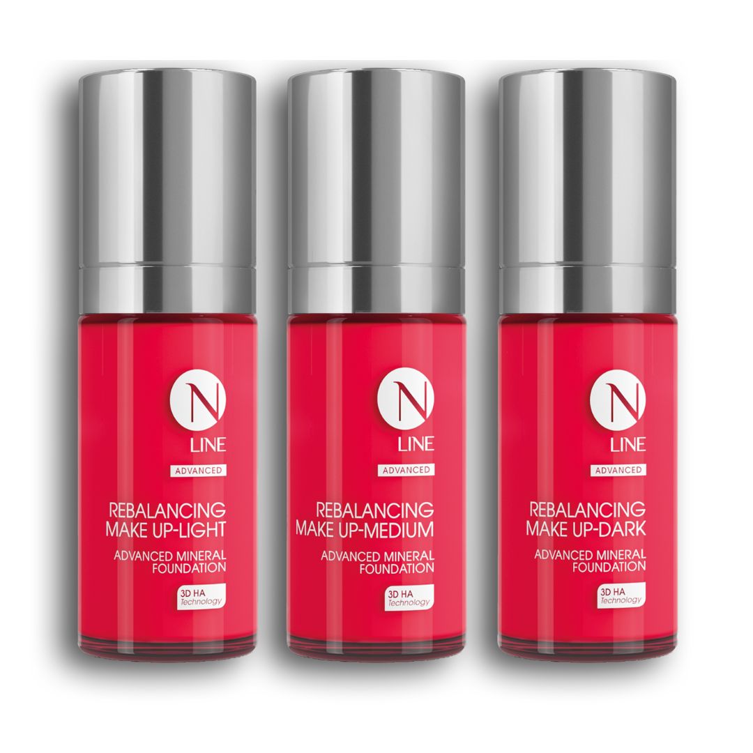 Drei Flaschen NEAUVIA NLINE Rebalancing Make Up - Light, Medium und Dark - sind nebeneinander abgebildet, mit roten Etiketten und silbernen Kappen vor weißem Hintergrund.
