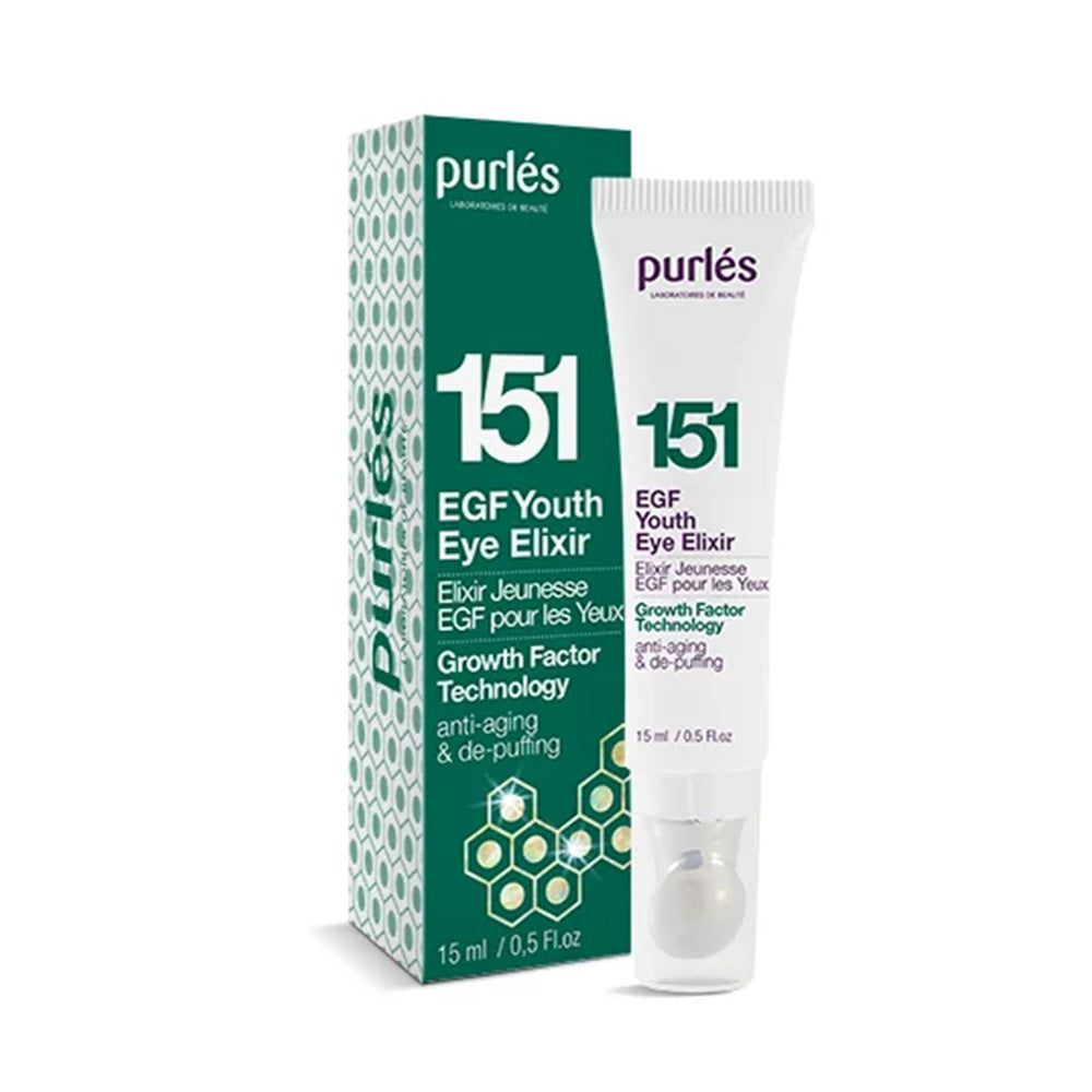 Die 15-ml-Tube und die Schachtel des Purlés Growth Factor Technology 151 EGF Youth Eye Elixir, das für Anti-Aging und Entschlackung entwickelt wurde, sind in einer weißen und grünen Verpackung erhältlich.