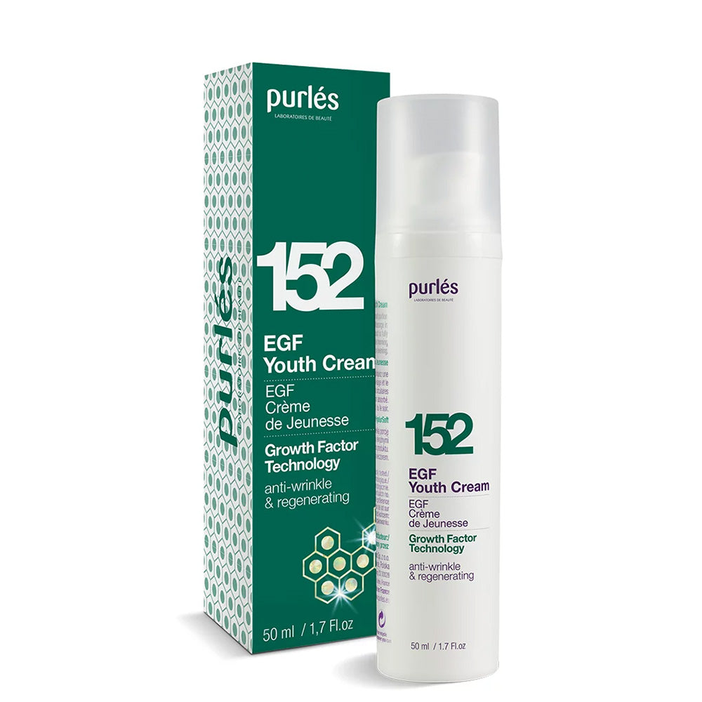 Eine 50-ml-Flasche und eine Schachtel der Purlés Growth Factor Technology 152 EGF Youth Cream, einer Anti-Falten- und Regenerationscreme von Purlés, in weißer und grüner Verpackung.