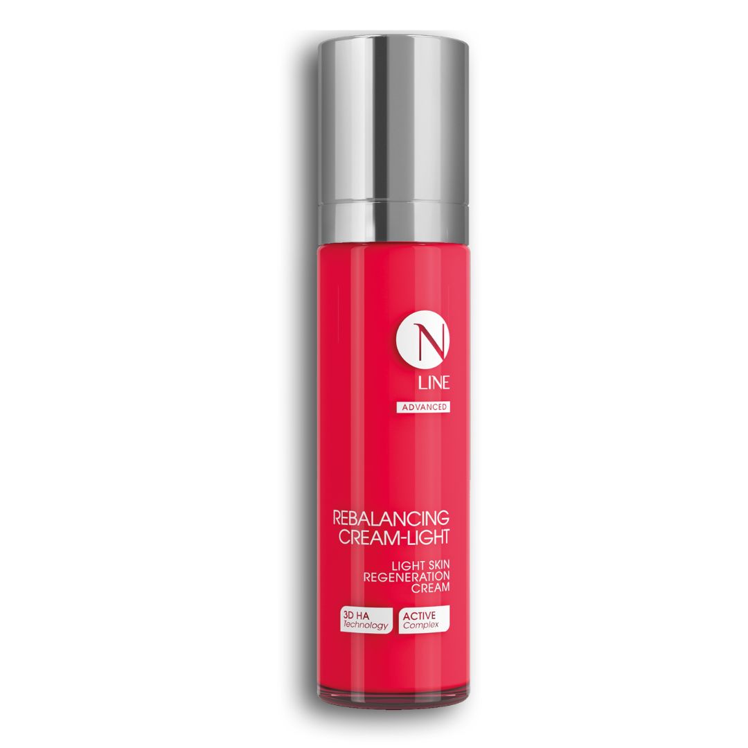 Eine rote Flasche NEAUVIA NLINE Rebalancing Cream Light mit einer silbernen Kappe, beschriftet als Light Skin Regeneration Cream und mit 3D HA Technology und Active Complex.