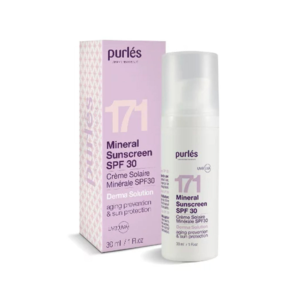 Eine 30-ml-Flasche und eine Schachtel Purlés Derma Solutions 171 Mineral Sunscreen SPF30 mit Anti-Aging- und Sonnenschutz in einer lavendelfarbenen und weißen Verpackung.