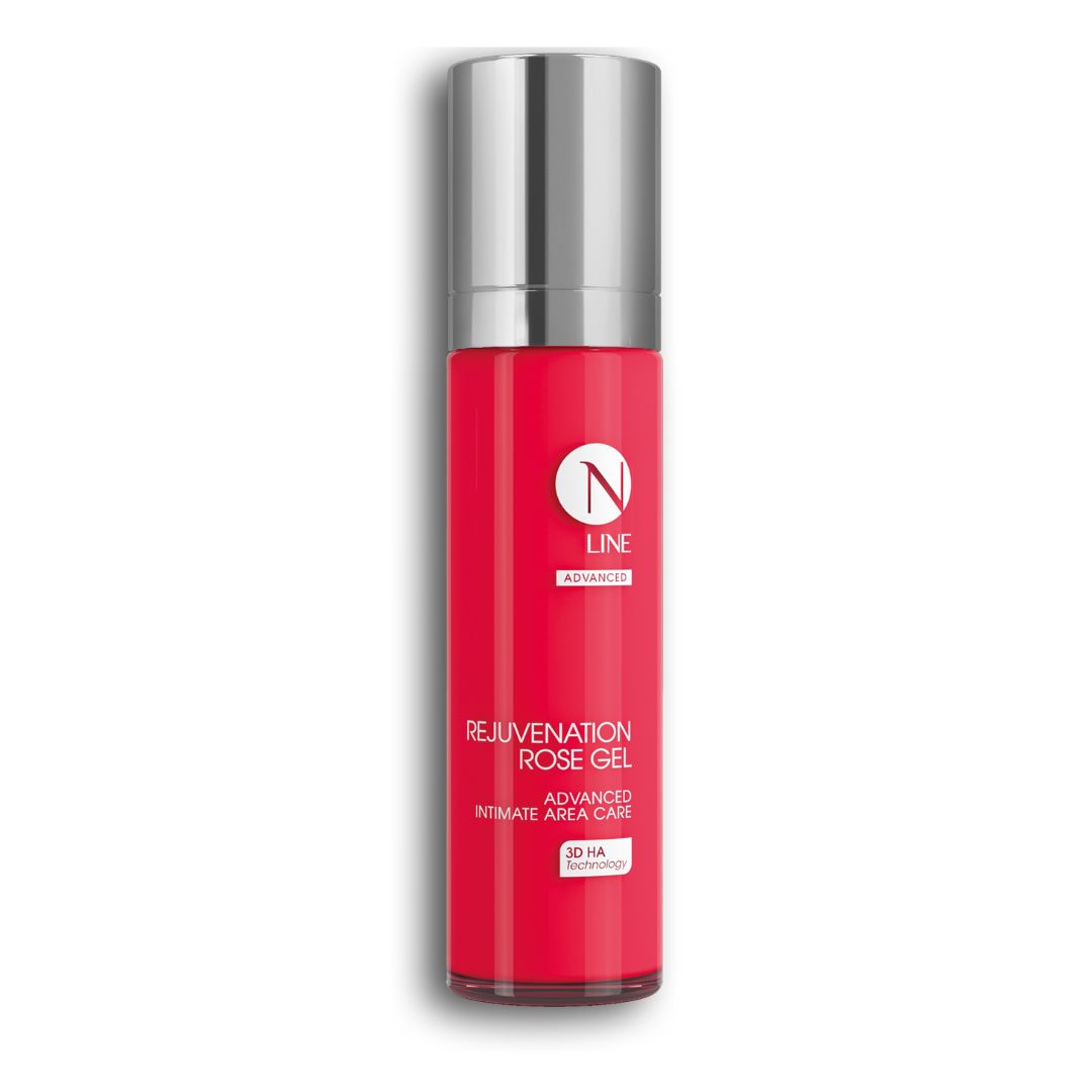 Ein roter Flakon von NEAUVIA NLINE Rejuvenation Rose Gel mit einer silbernen Pumpe, beschriftet mit "Advanced intimate care with 3D HA Technology", steht aufrecht vor einem weißen Hintergrund.
