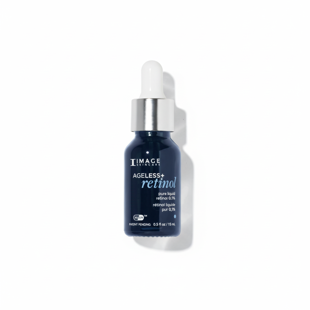 Eine dunkelblaue Tropfflasche mit Image Skincare AGELESS+ Pure Liquid Retinol 0,1% steht mittig auf einem weißen Hintergrund, mit Produktangaben in weißer Schrift auf dem Etikett.