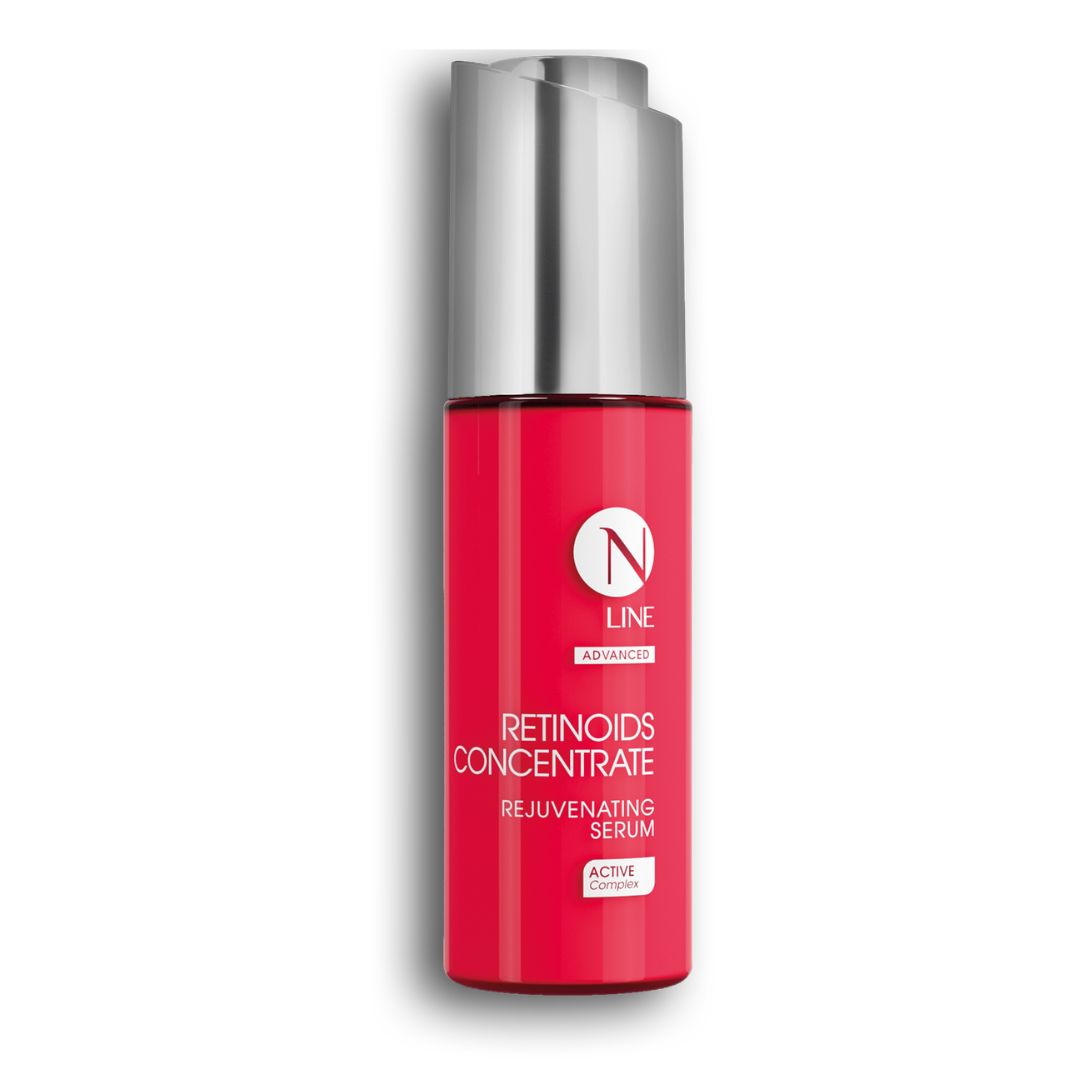Eine rote Flasche mit einer silbernen Kappe mit der Aufschrift NEAUVIA NLINE Retinoids Concentrate steht aufrecht auf einem weißen Hintergrund.