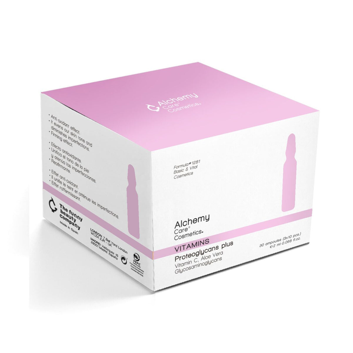 Eine weiß-rosafarbene Schachtel mit der Aufschrift Alchemy Care Cosmetics zeigt Alchemy - Proteoglycans Plus Ampullen und hebt Proteoglycans, Aloe Vera, Vitamin C und Glucomannoglycans hervor und zeigt ein Ampullensymbol.