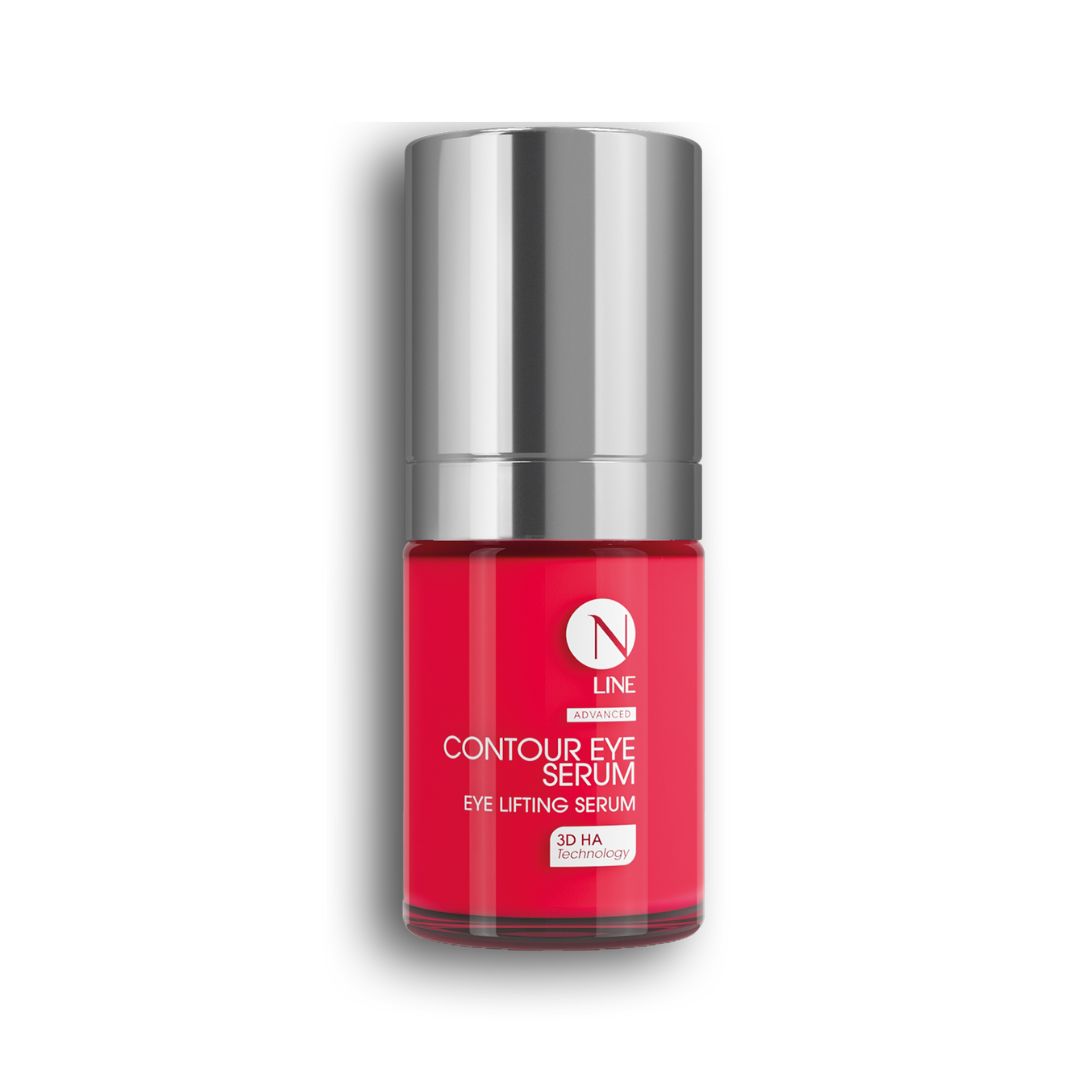 Ein rot-silberner Flakon mit der Aufschrift NEAUVIA NLINE Contour Eye Serum with 3D HA Technology und einer Metallkappe ist auf weißem Hintergrund abgebildet.