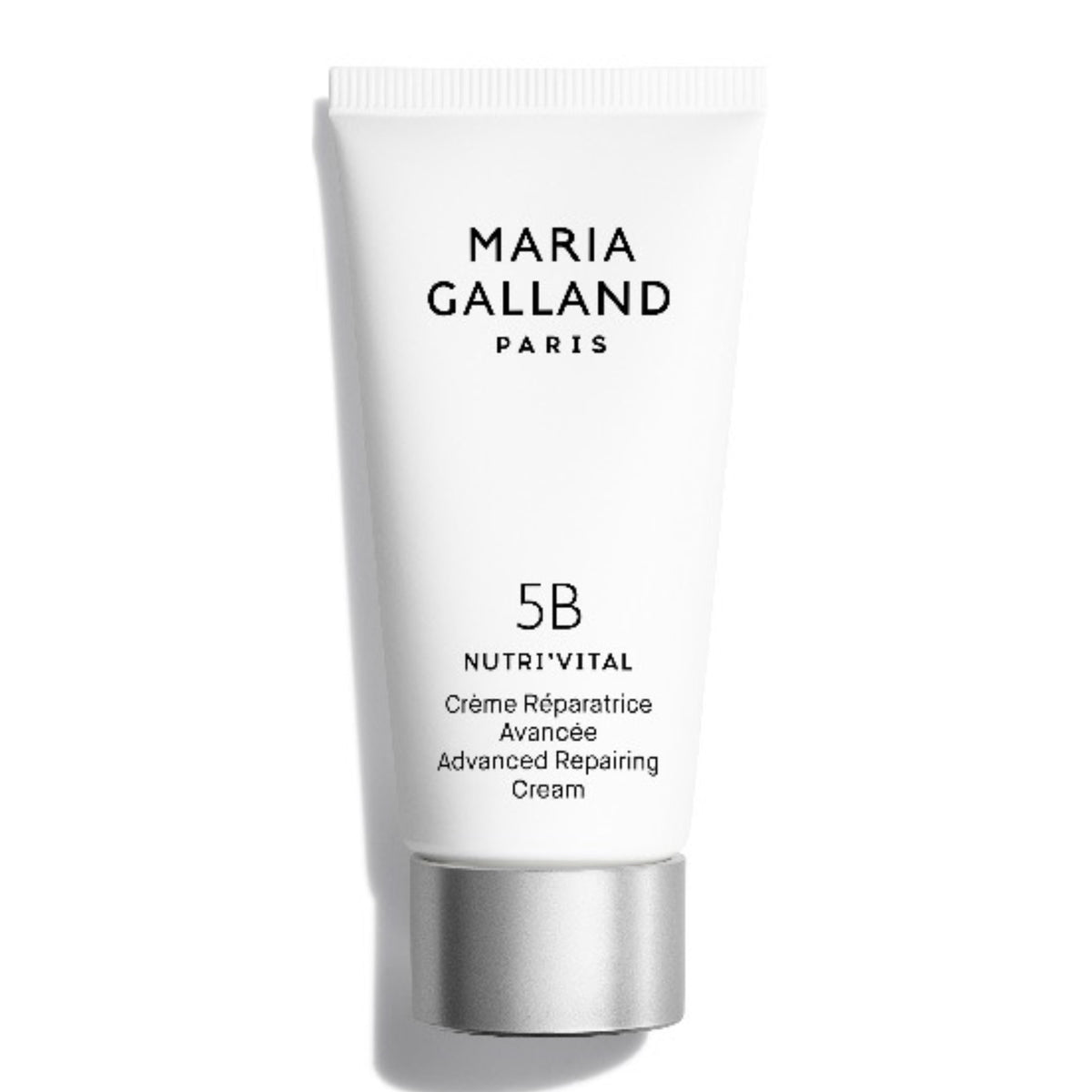 Eine weiße Tube Maria Galland Nutri'Vital 5B Advanced Repairing Cream mit einer silbernen Kappe steht aufrecht vor einem weißen Hintergrund.