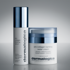 Zwei dermalogica Hautpflegeprodukte stehen nebeneinander: ein großer Flakon mit dem Pro-Collagen Banking Serum und ein kleinerer Tiegel mit der dermalogica Pro-Collagen Banking Cream, beide in silberner und weißer Verpackung auf grauem Hintergrund.
