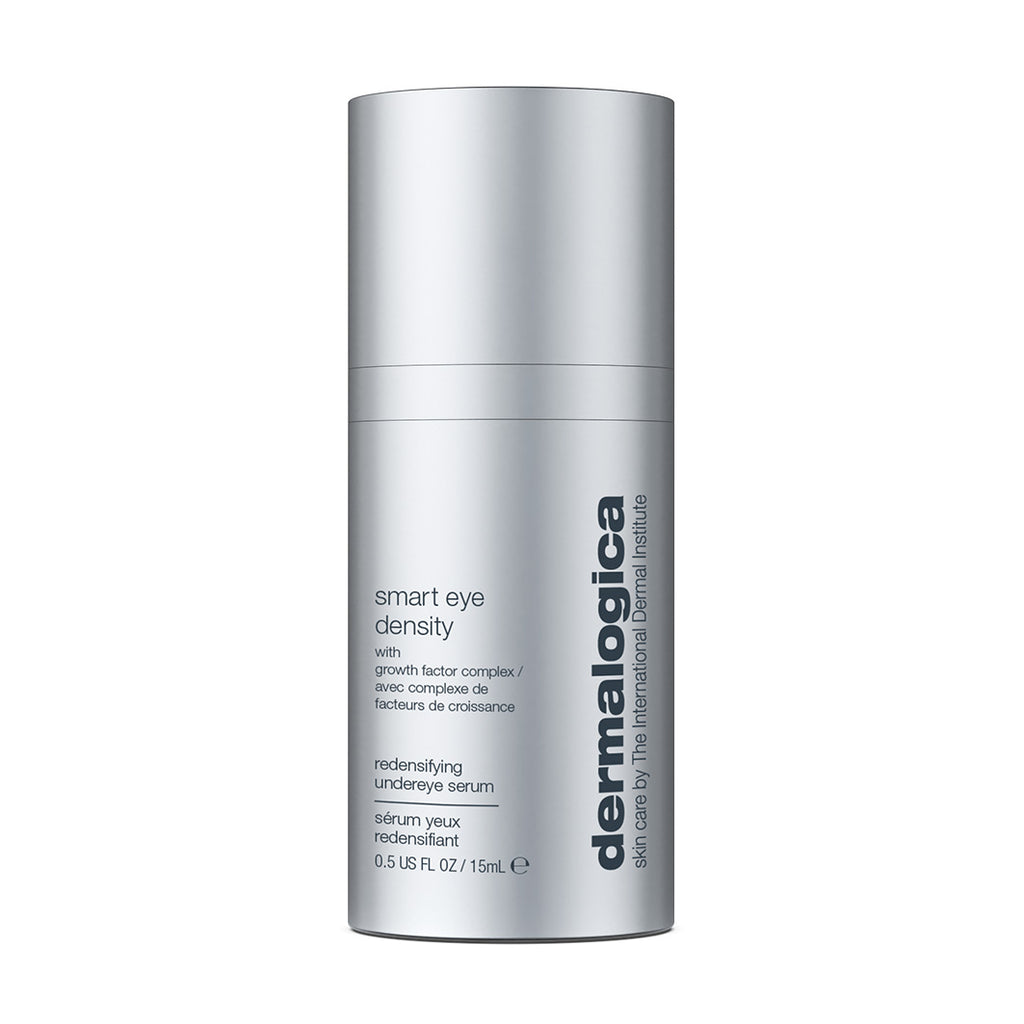 Ein zylindrischer, silberner Flakon des Dermalogica Smart Eye Density Serum mit schwarzem Aufdruck auf der Vorderseite.