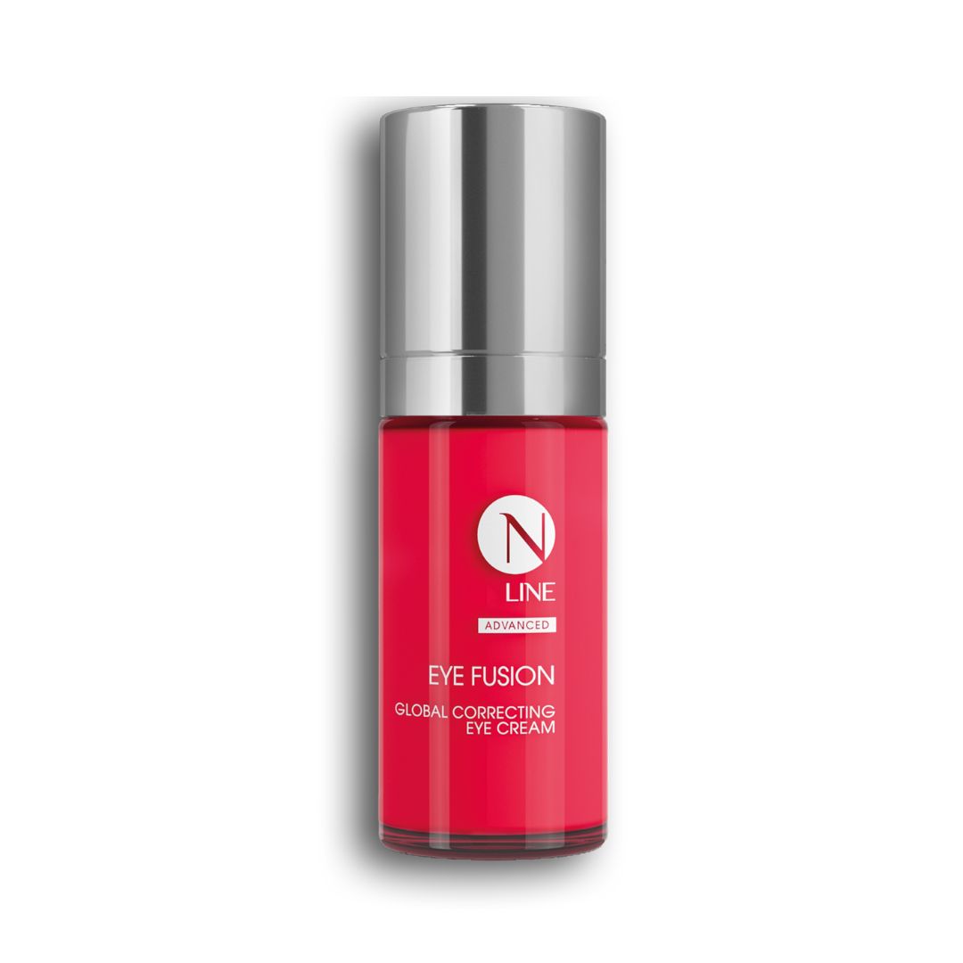 Eine rot-silberne Flasche von NEAUVIA NLINE Eye Fusion ist auf weißem Hintergrund abgebildet.