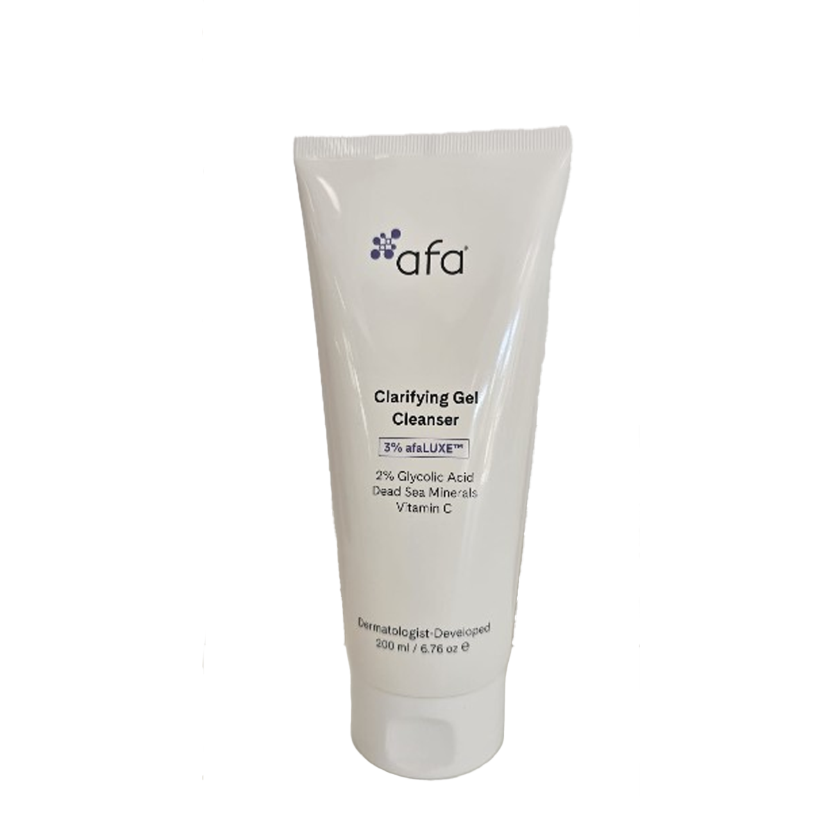 Eine weiße Tube med beauty swiss afa Clarifying Gel Cleanser mit 3 % afaLUXE, Glykolsäure, Mineralien aus dem Toten Meer und Vitamin C zur Verfeinerung der Poren.