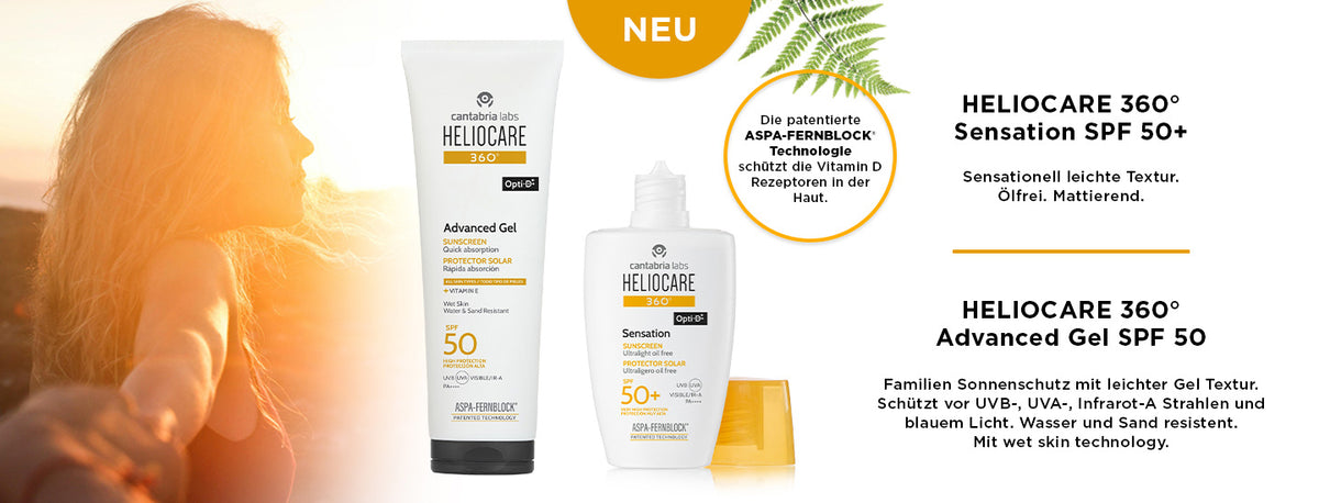 Heliocare 360° Advanced Gel und Sensation Sonnenschutzflaschen mit Produktinformationen und Vorteilen auf Deutsch.