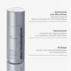 Eine Dose des Daily Superfoliant von Dermalogica, ein Peelingpulver auf Holzkohlebasis, neben einem Text, in dem die Wirkstoffe hervorgehoben werden: Binchotan-Holzkohle, Niacinamid und Rotalgen.