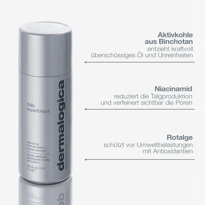 Eine Dose des Daily Superfoliant von Dermalogica, ein Peelingpulver auf Holzkohlebasis, neben einem Text, in dem die Wirkstoffe hervorgehoben werden: Binchotan-Holzkohle, Niacinamid und Rotalgen.