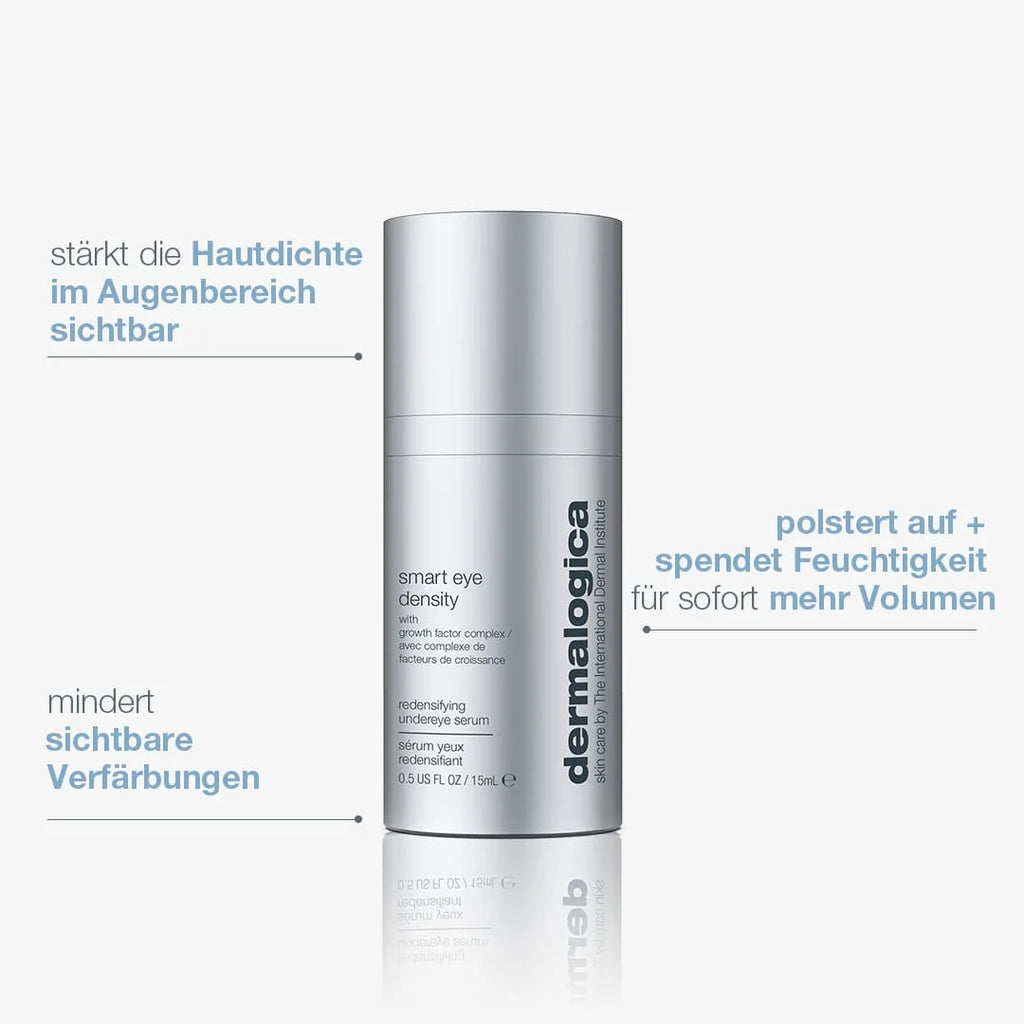 Zylindrische Flasche des dermalogica Smart Eye Density Serum mit deutschsprachigem Text, in dem der Wachstumsfaktorkomplex sowie die Vorteile hinsichtlich Hautdichte, Volumen und Minderung von Verfärbungen beschrieben werden.