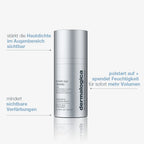 Zylindrische Flasche des dermalogica Smart Eye Density Serum mit deutschsprachigem Text, in dem der Wachstumsfaktorkomplex sowie die Vorteile hinsichtlich Hautdichte, Volumen und Minderung von Verfärbungen beschrieben werden.
