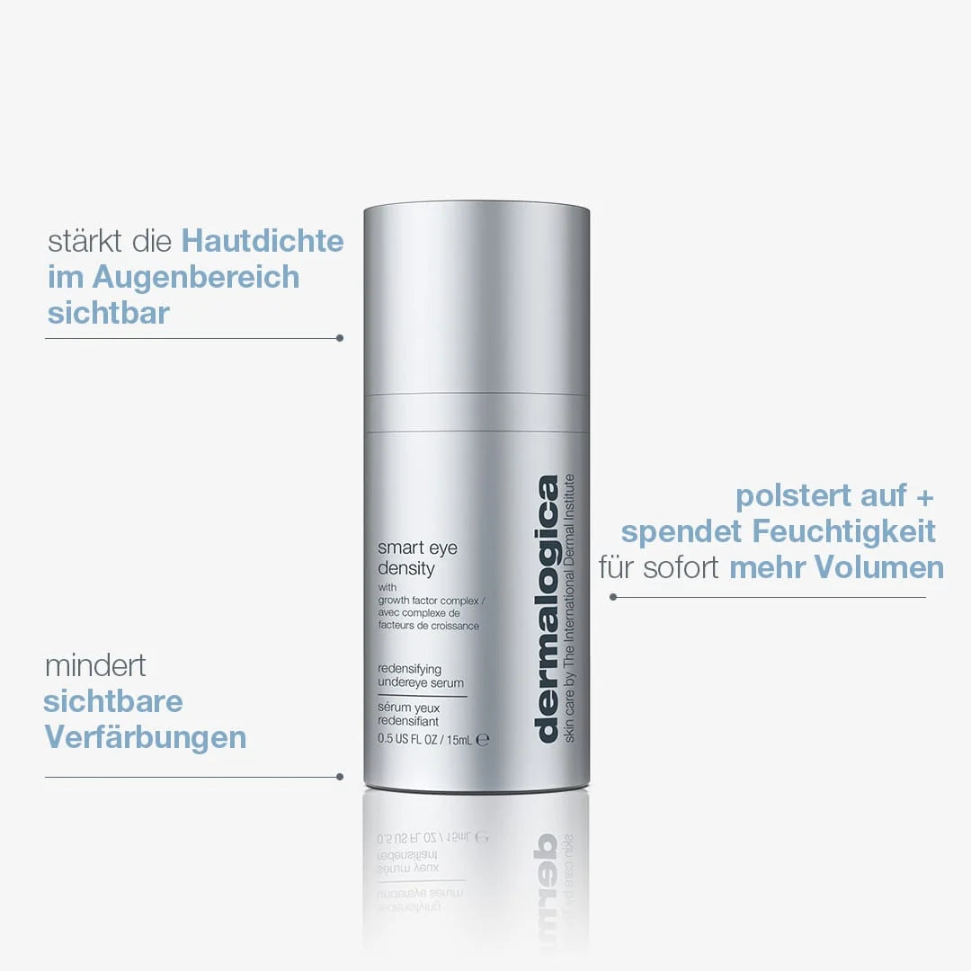 Zylindrische Flasche des dermalogica Smart Eye Density Serum mit deutschsprachigem Text, in dem der Wachstumsfaktorkomplex sowie die Vorteile hinsichtlich Hautdichte, Volumen und Minderung von Verfärbungen beschrieben werden.