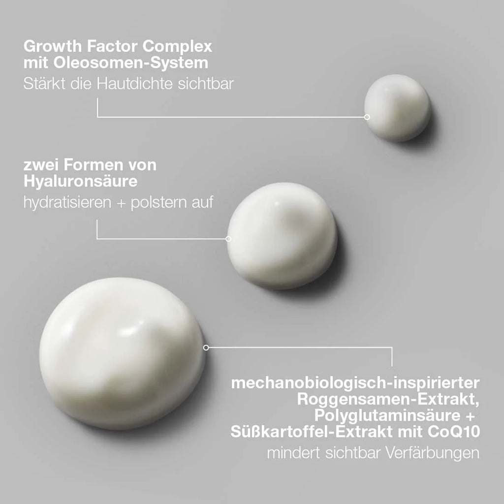 Drei weiße Tropfen des dermalogica Smart Eye Density Serum auf grauem Hintergrund, mit Pfeilen, die auf jeden Tropfen zeigen, sowie einem deutschen Text, der die Vorteile der Inhaltsstoffe erläutert.