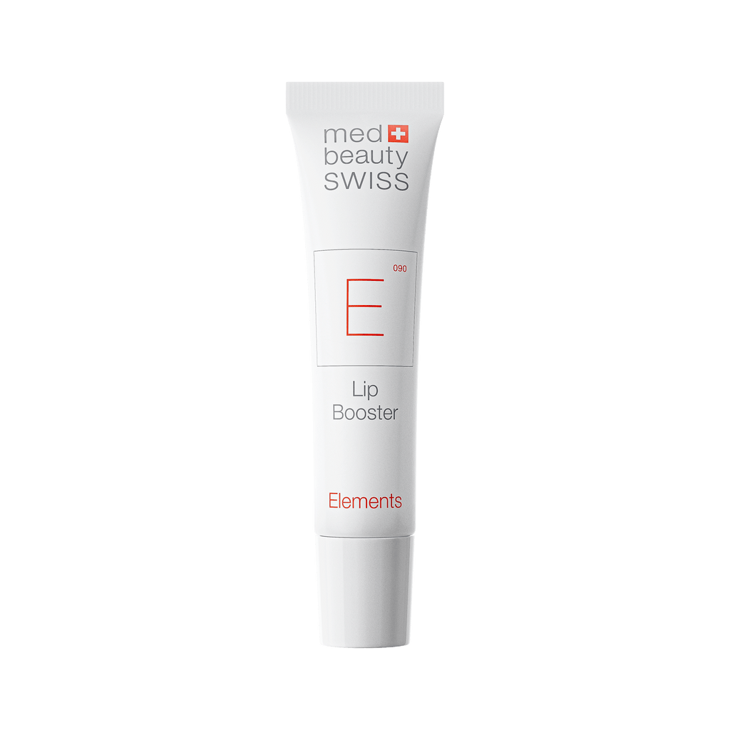 Weiße Tube von med beauty swiss – elements lip booster mit minimalistischer Typografie in Rot und Grau und einer feuchtigkeitsspendenden Formel mit aufpolsternder Wirkung.