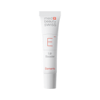 Weiße Tube von med beauty swiss – elements lip booster mit minimalistischer Typografie in Rot und Grau und einer feuchtigkeitsspendenden Formel mit aufpolsternder Wirkung.