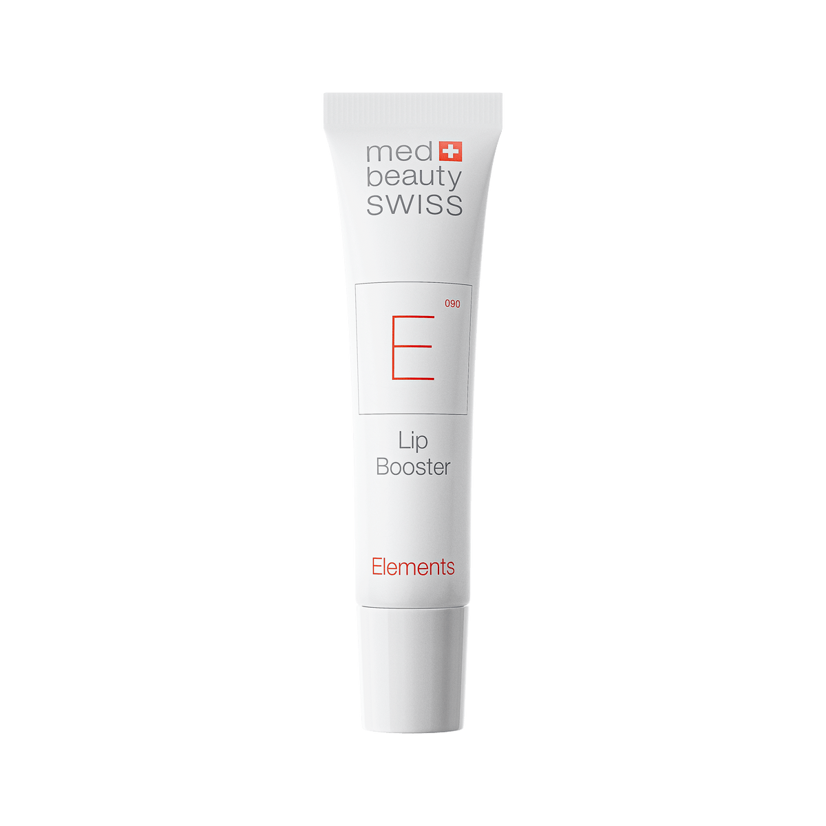 Weiße Tube von med beauty swiss – elements lip booster mit minimalistischer Typografie in Rot und Grau und einer feuchtigkeitsspendenden Formel mit aufpolsternder Wirkung.
