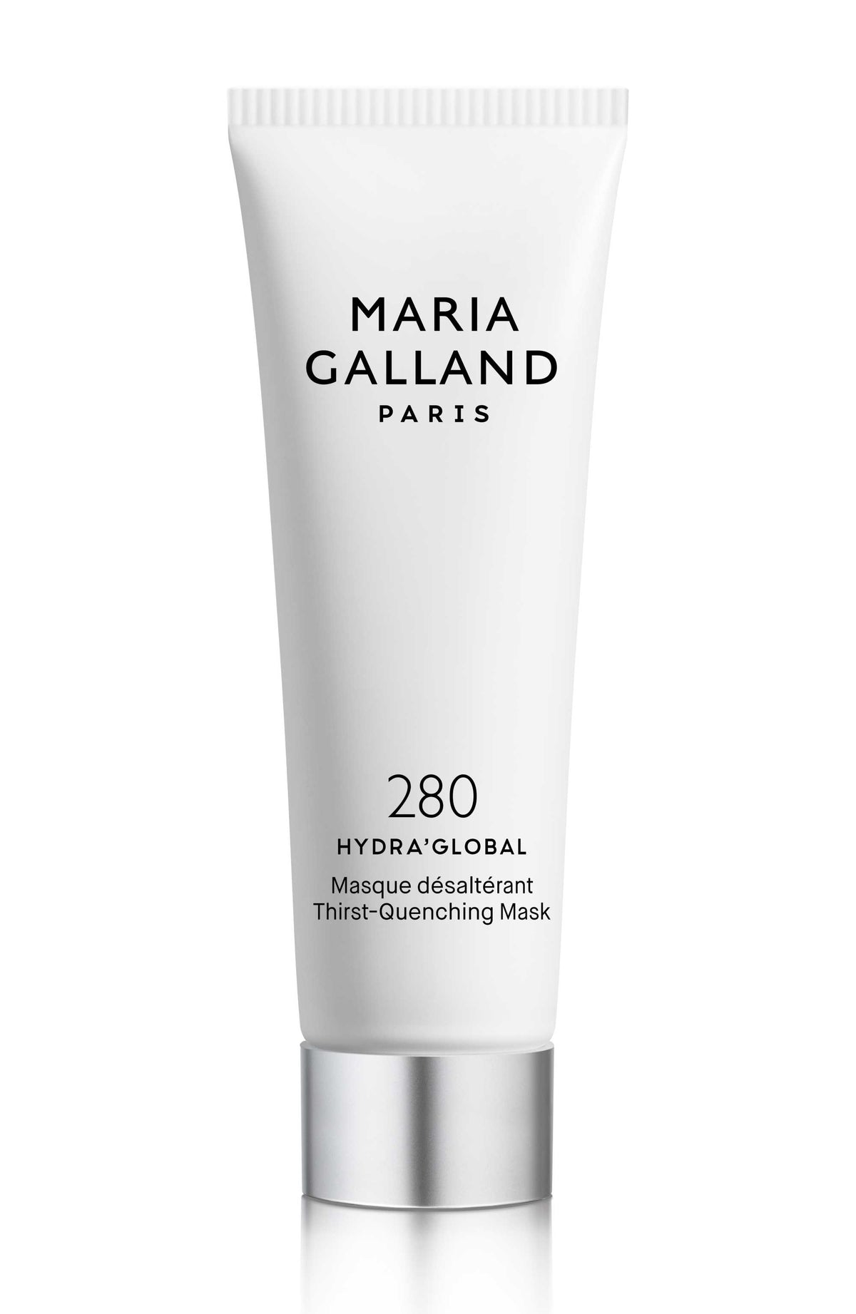 Eine weiße Tube der Maria Galland Hydra'Global 280 Durstlösch-Maske mit einer metallisch-silbernen Kappe steht aufrecht auf weißem Hintergrund und zeigt die Marke Maria Galland.