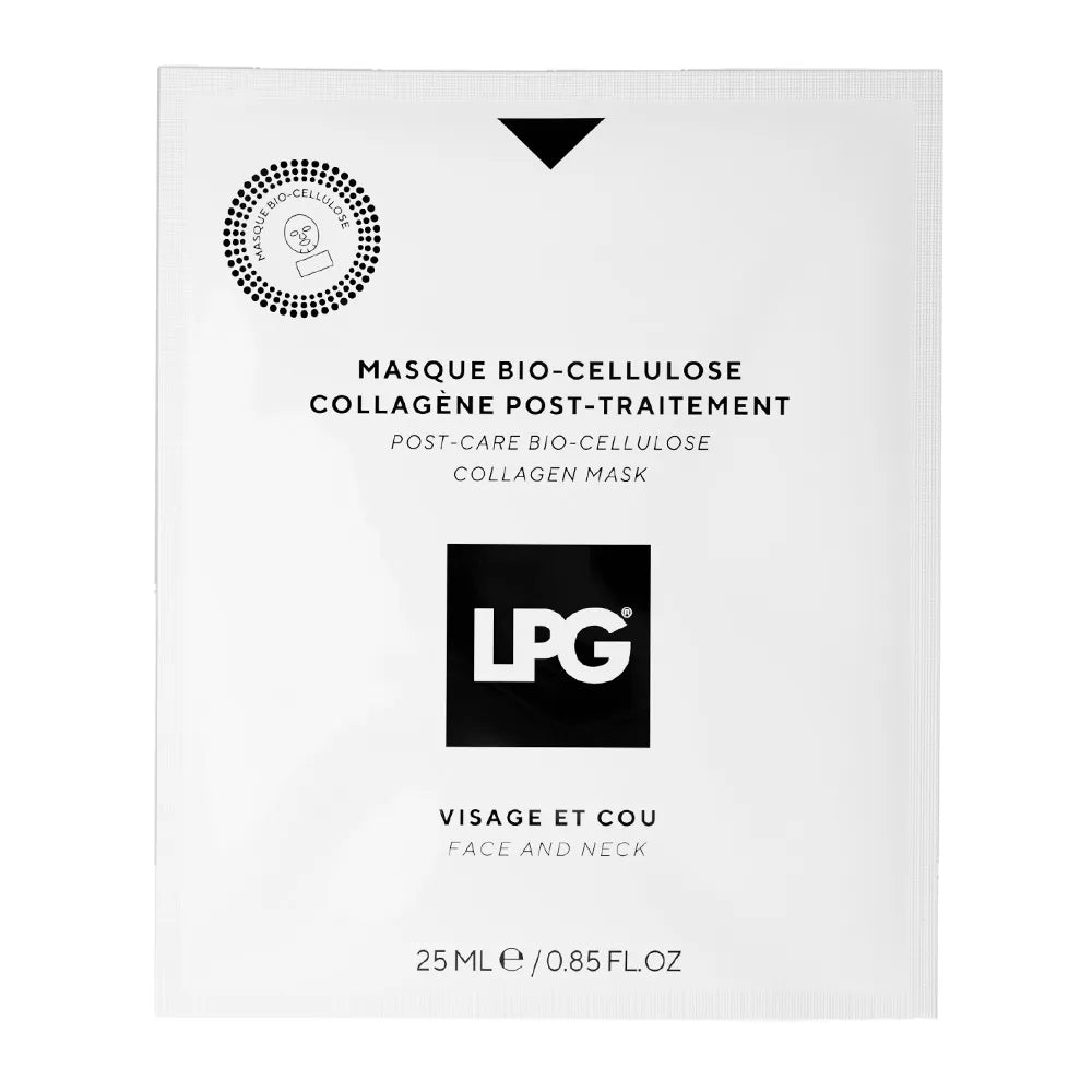 Ein weißer Beutel mit der Aufschrift LPG - Post Care Collagen Mask by LPG für Gesicht und Hals, 25 ml, mit schwarzer Schrift und geometrischen Motiven.