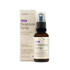Eine braune medigevity - medi Melatonin Spray Flasche mit einer Schachtel daneben; beide zeigen Angaben in deutscher Sprache, darunter "Minze-Zitrone-Geschmack" und Dosierungsangaben. Marke: medigevity.