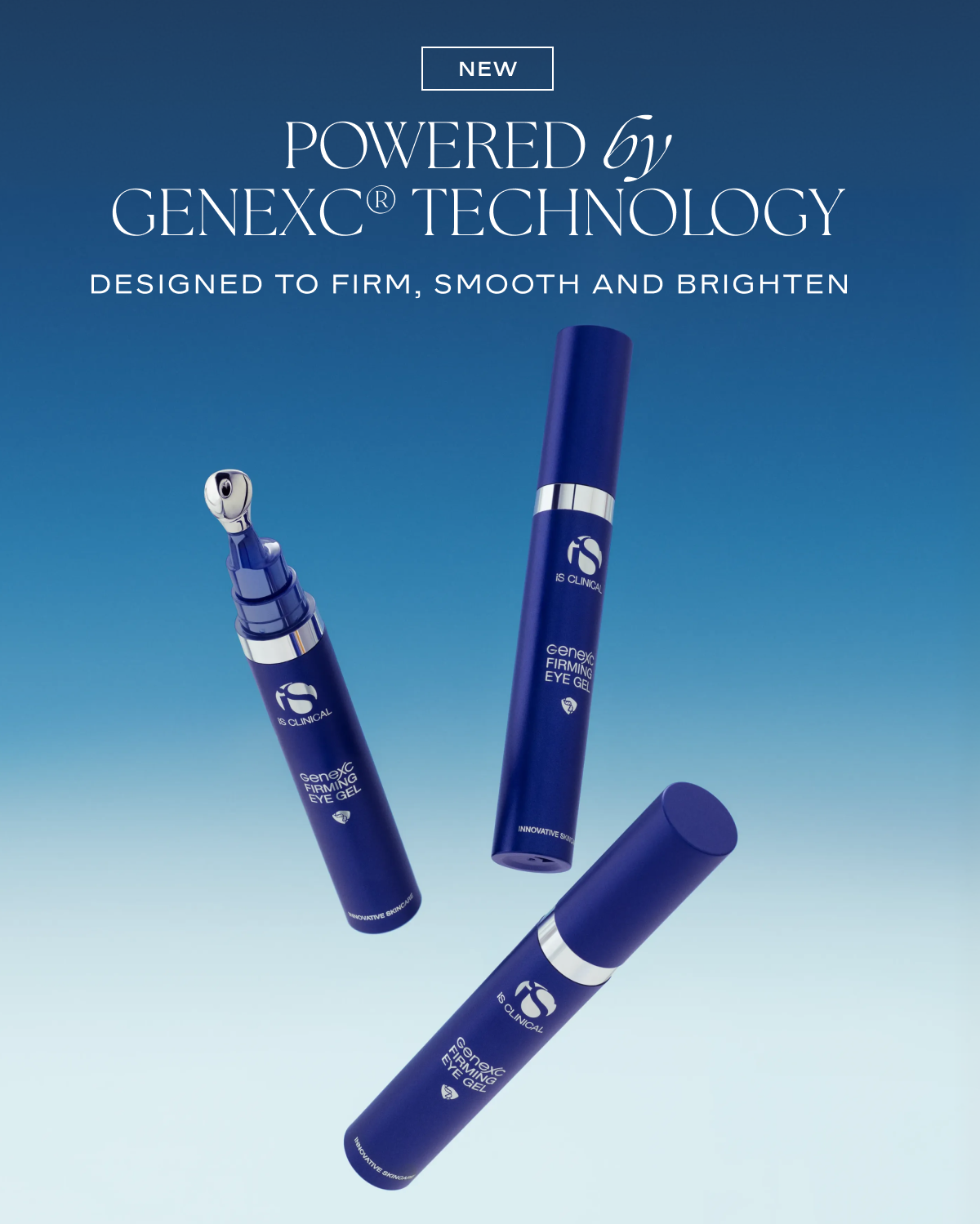 Drei Tuben iS Clinical Genexc Firming Eye Gel schweben vor einem blauen Hintergrund.