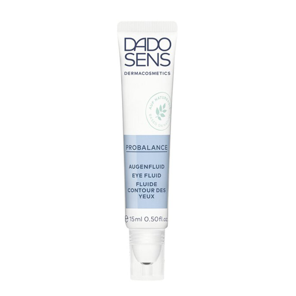 15-ml-Tube DADO SENS - PROBALANCE AUGENFLUID Augenfluid mit weißem Körper, blauer und grüner Aufschrift und durchsichtiger Kappe, entwickelt von DADO SENS für die Pflege der Augenpartie.