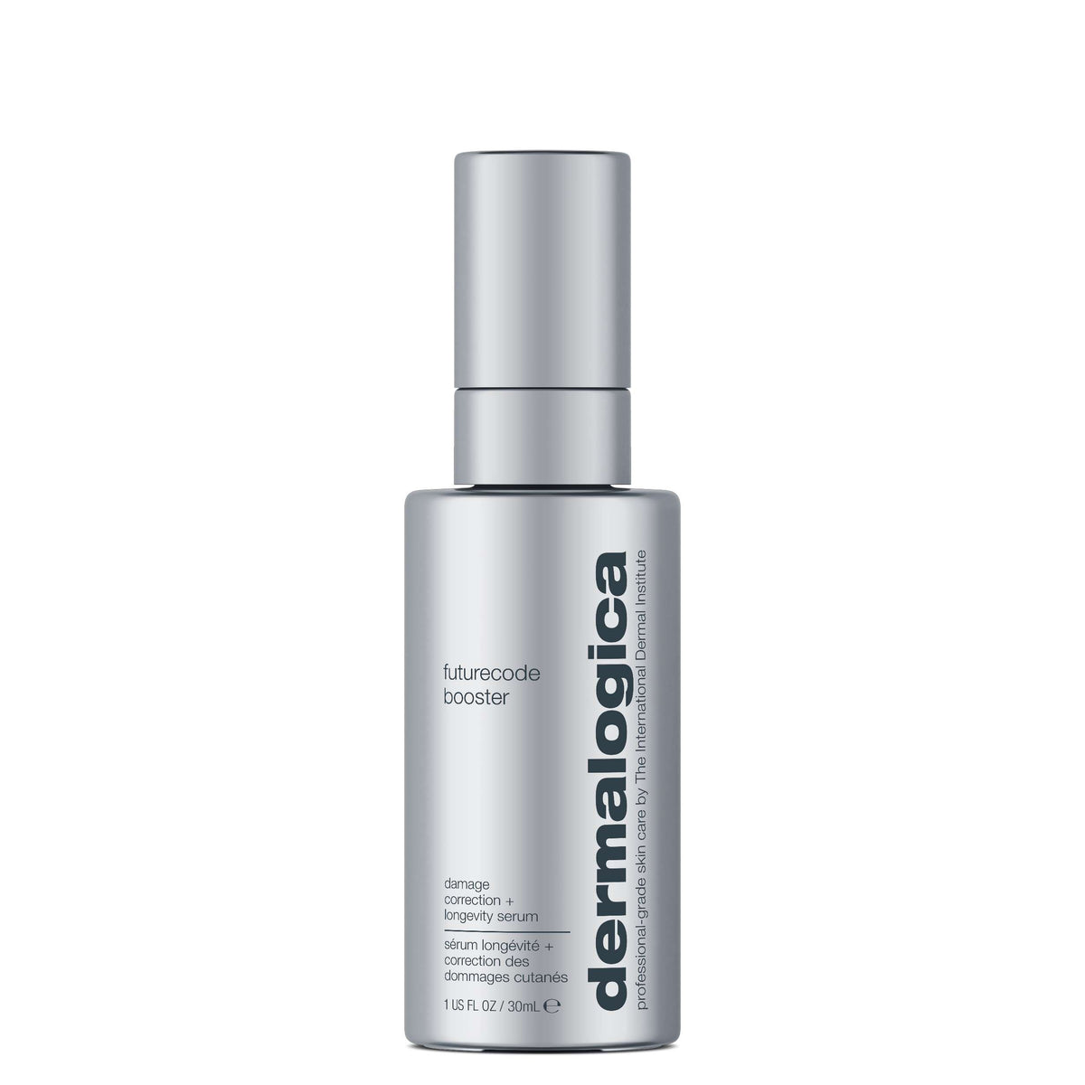 Eine silberne 30 mL (1,15 fl oz) Flasche dermalogica - FutureCode Booster Serum mit einem Pumpspender und schwarzem Branding auf der Vorderseite.