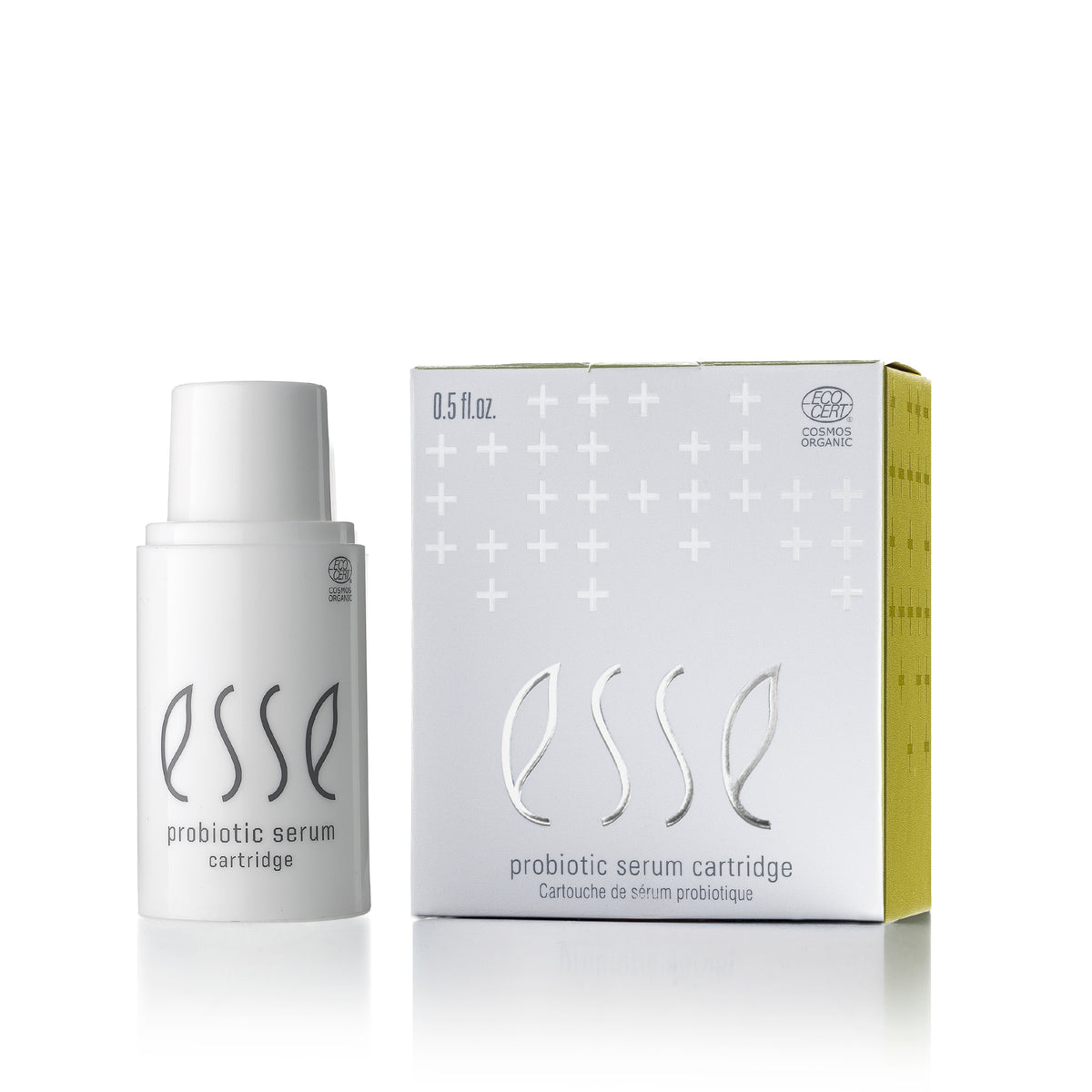 Weiße ESSE R10 PLUS Probiotic Serum-Nachfüllkartusche neben der dazugehörigen quadratischen Verpackungsschachtel.
