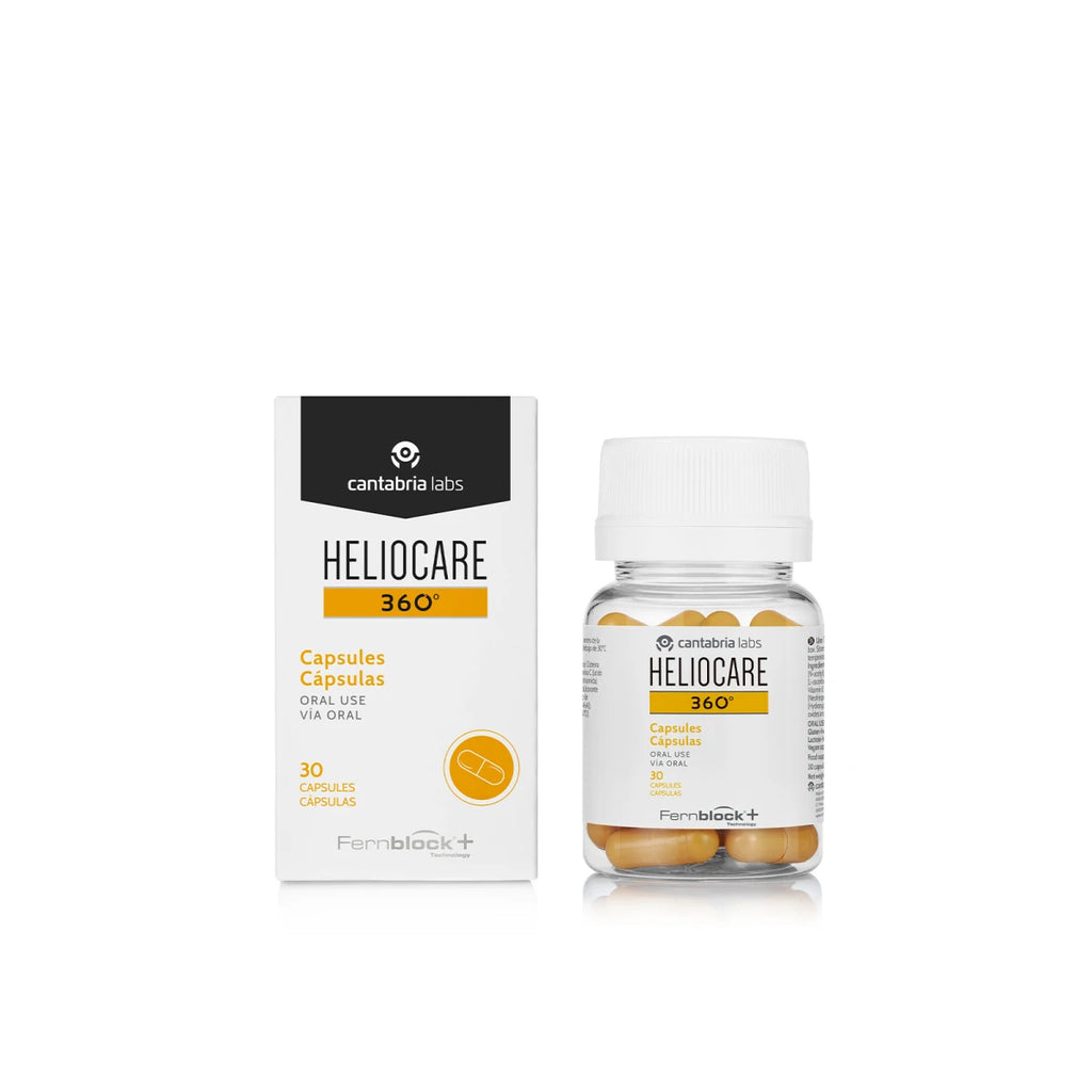 Eine Schachtel und eine durchsichtige Plastikflasche mit HELIOCARE® 360°-Kapseln, beide mit Produktinformationen zum oralen Sonnenschutz beschriftet.