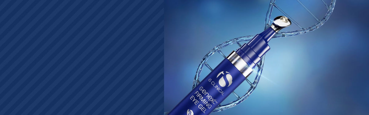 IS Clinical Genexc Firming Eye Gel in einer blauen Pumpflasche mit einer Applikatorspitze aus Metall, vor dem Hintergrund einer DNA-Helix-Grafik.