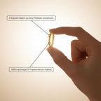 Eine Hand hält eine goldene Medigevity – Medi Omega-3-Gelkapsel, auf der die Einnahmeempfehlung steht, täglich zwei Kapseln zu einer Mahlzeit einzunehmen, und dass jede Kapsel 1000 mg Omega-3-Triglyceride enthält.
