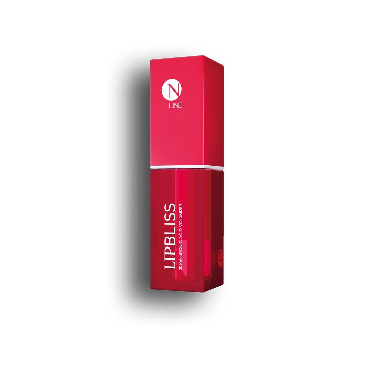 Ein roter und rosafarbener rechteckiger NLINE Lip Bliss Kosmetikflakon mit dem NEAUVIA-Branding ist auf einem schlichten weißen Hintergrund abgebildet, der links einen weichen Schatten aufweist.