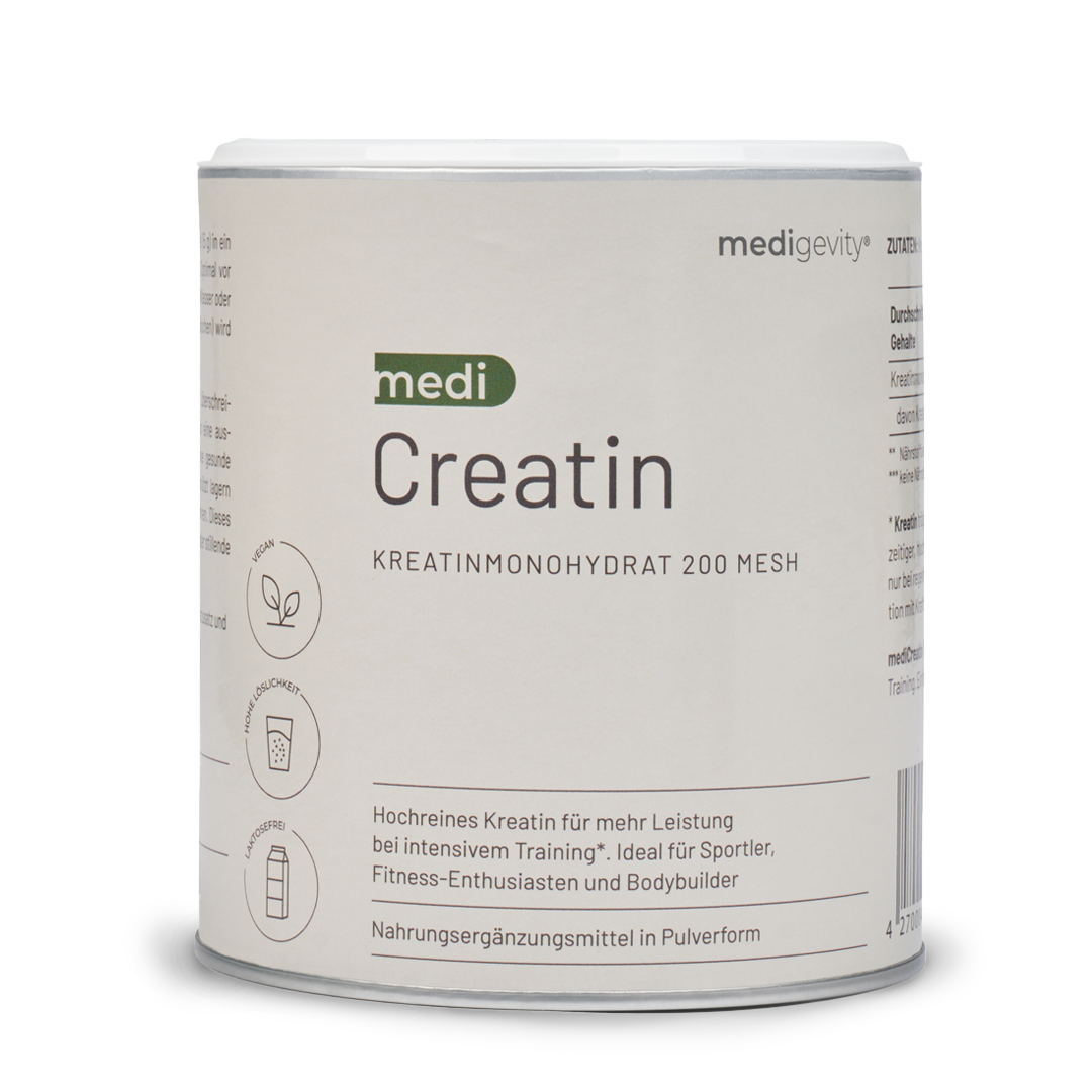 Ein weißer Kanister von medigevity - medi Creatin Kreatinpulver zeigt deutsche Details zu Kreatin-Monohydrat-Pulver, entwickelt für Sportler und Fitnessfans von medigevity.