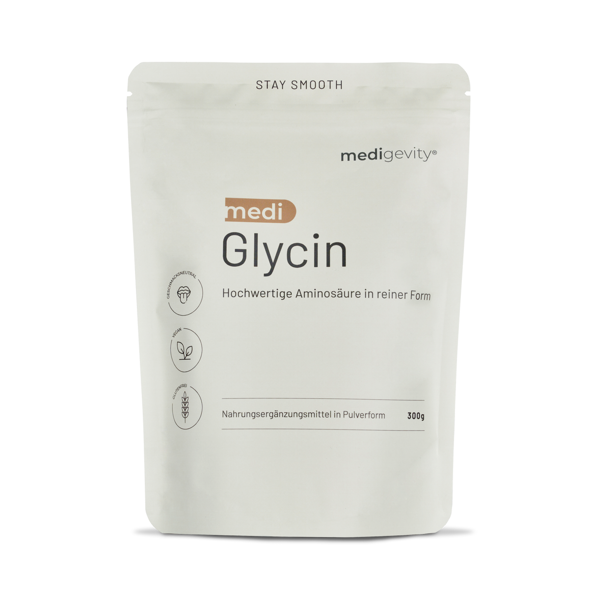 Ein weißer, wiederverschließbarer Beutel mit der Aufschrift "medigevity - medi Glycin Pulver" von medigevity, mit Pflanzen- und Weizensymbolen, enthält laut deutschem Text 300 g reines Glycin-Aminosäurepulver.
