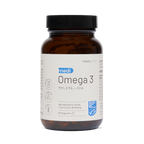 Braune Glasflasche von Medigevity – Medi Omega-3-Kapseln mit einem weißen Etikett, auf dem 70 % EPA und DHA, 60 Kapseln sowie hochkonzentriertes Fischöl angegeben sind.