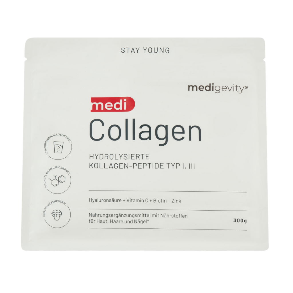 Flache, weiße Verpackung von Medigevity – medi Collagen Kollagenpulver mit deutschem Text, in dem die Inhaltsstoffe wie Hyaluronsäure, Vitamin C, Biotin und Zink aufgeführt sind.