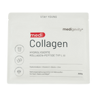 Flache, weiße Verpackung von Medigevity – medi Collagen Kollagenpulver mit deutschem Text, in dem die Inhaltsstoffe wie Hyaluronsäure, Vitamin C, Biotin und Zink aufgeführt sind.